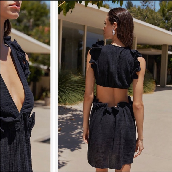 Anthropologie Sleeveless Ruffled Cutout Mini Dress Black - Picture 2 of 8